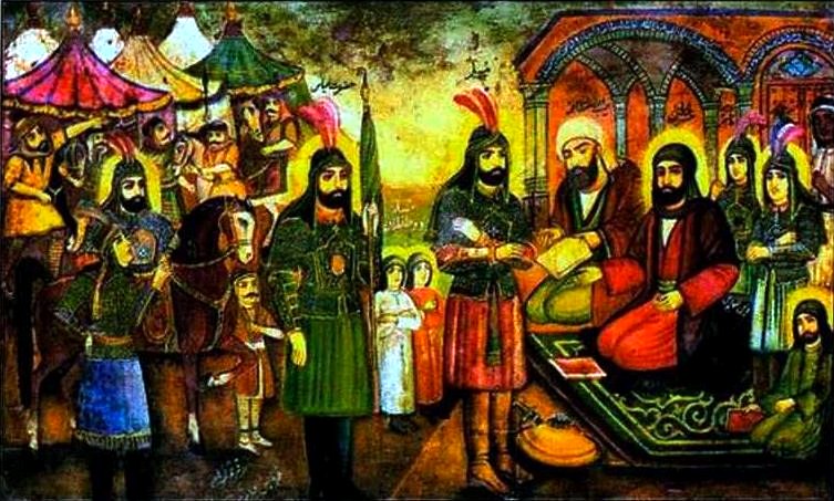 Audience of Moslem with Imam Hossein, painting in the so-called qahveh-khaneh (coffee-house) style by Hossein Qollar Aqasi (in the Reza Abbasi Museum in Tehran).jpg